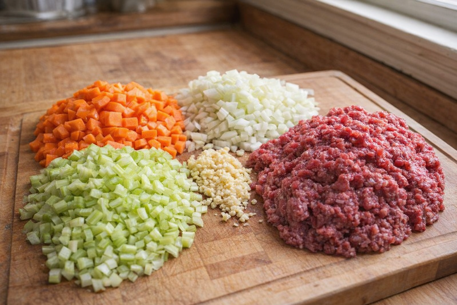 An overhead shot of diced carrots, celery, onions, minced garlic, and ground venison laid out on a wooden cutting board, natural light from a nearby window